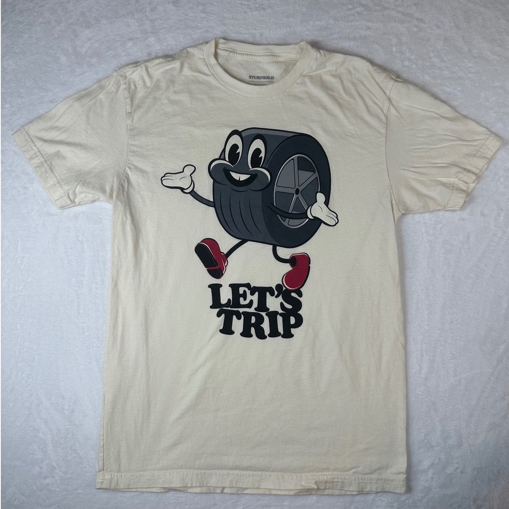 Sturniolo Triplets Lets Trip Cartoon Tire Graphic T-Shirt Cream Mens Medium